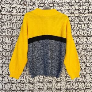 Vintage Adele Knitwear gray black yellow color block stripe mock neck sweater
